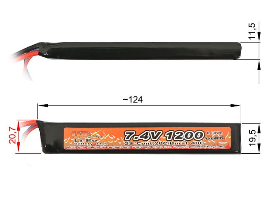 АКБ Li-Po 1200mAh 7,4V 20/40C моноблок VB фото 2